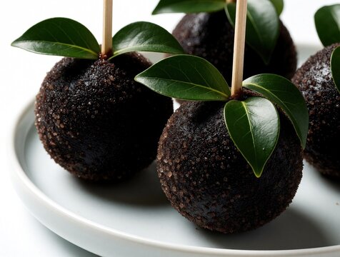 Dark spherical treats dusted with sugar sit on sticks. Green leaves garnish chocolate candies served on a plate. These sweet bites look elegant for any party.