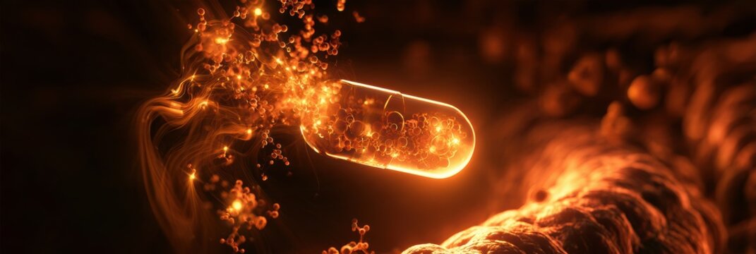 Probiotic capsule releases bacteria into intestinal environment. Bacteria start to produce neurotransmitter precursors shown as amber light.