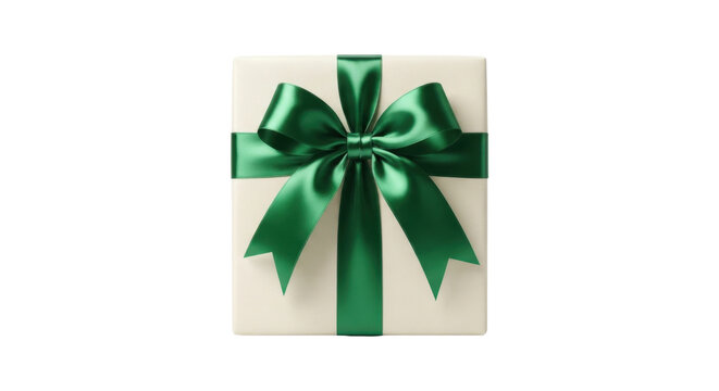 White gift box tied with lush green silk ribbon bow