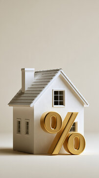 A white model of a house with a large gold percentage sign, symbolizing mortgage rates, lending, and housing costs.