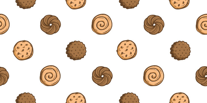 Cookies doodle background. Biscuit pattern background. Chocolate chip cookies seamless pattern. Crackers hand drawn pattern with various shapes. Dessert and snack background for packaging.
