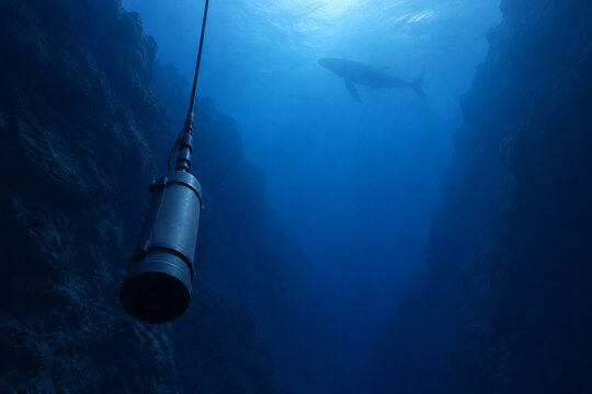 Underwater hydrophone in deep blue canyon with whale silhouette, ocean research concept