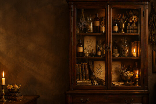 Antique curio cabinet with apothecary bottles and herbs, heritage and tradition concept