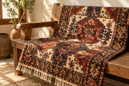 Handwoven Afghan rug with geometric patterns on wooden bench, traditional textile and home decor concept