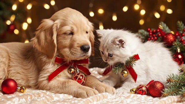 Golden retriever puppy and white kitten with christmas decorations