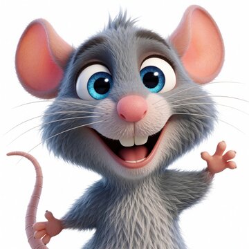 Joyful cartoon rat waves hello with big blue eyes and wide smile. Adorable 3d rodent character shows shiny teeth and happy expression. Fun, furry animal mascot.