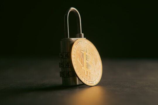 Bitcoin and padlock on dark background. Cryptocurrency security concept.