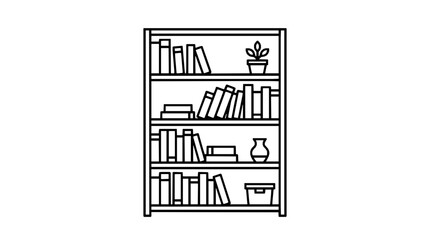 Fototapeta premium A black and white line art illustration of a wooden bookshelf filled with various books with arranged books decorative
