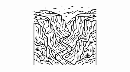 Obraz premium Black and white line art illustration of a desert canyon with a winding river with minimalist linear drawing