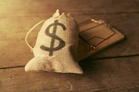 Money bag and mousetrap on wooden background, closeup