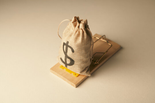 Money bag and mousetrap on wooden background, closeup