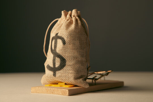Money bag and mousetrap on wooden background, closeup