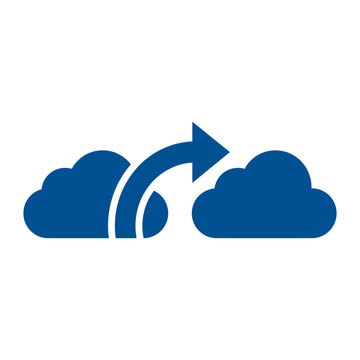 Blue cloud computing icon with curved transfer arrow connecting two cloud shapes
