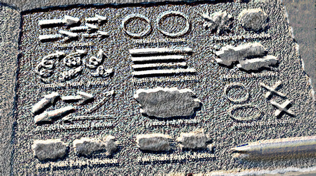 Ancient cuneiform clay tablet with wedge-shaped symbols and tools used for writing