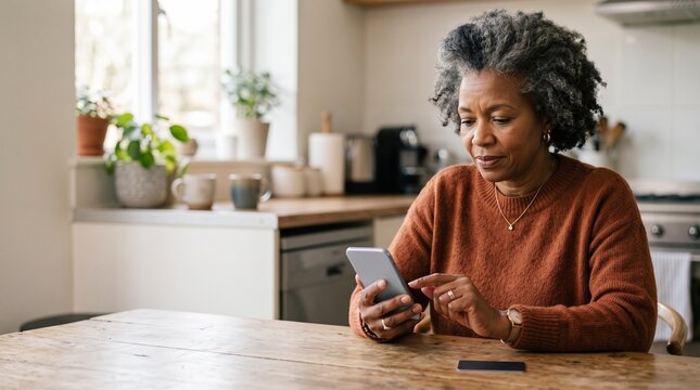 Mature Black Woman Using Smartphone at Kitchen Table with Plants and Coffee Cups in Background