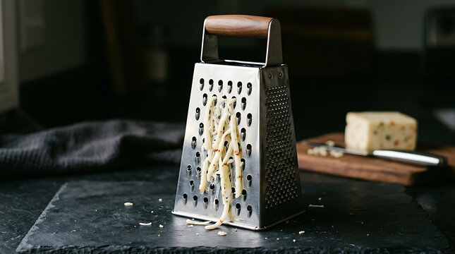 Metal cheese grater with shredded cheese on a dark stone surface