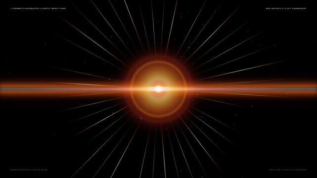 Dynamic cinematic orange lens flare light burst with radiating lines on a dark background, expanding and contracting, simulating an energetic cosmic explosion or impact effect, ideal for movie titl...