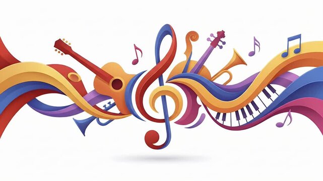 Colorful musical notes and abstract sound wave illustration.