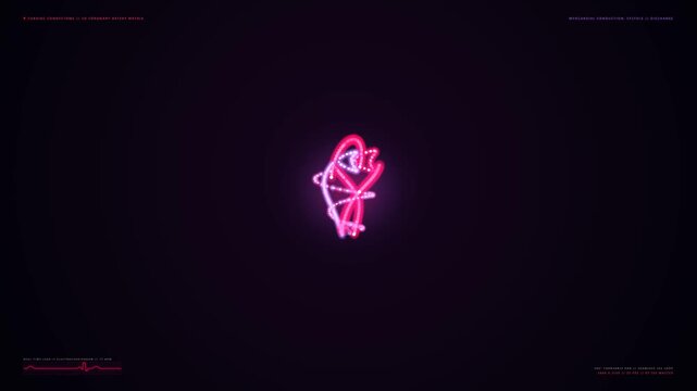 Dynamic 3D abstract glowing heart animation. Red and purple lines visualize cardiac conduction, myocardial activity, and coronary artery flow. Dark, futuristic background. Scientific depiction of a...