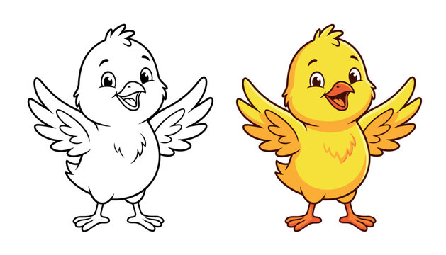 Cute cartoon chick coloring page layout featuring colored vector character and black and white lineart on white background.