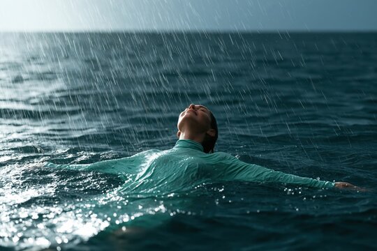 Woman floating in ocean rain at dusk for dramatic background and relaxation banner or wallpaper
