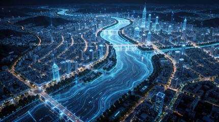 Fototapeta na wymiar Glowing digital streams flow through city river at night. Futuristic AI analyzes data visualizing urban network. Smart city tech predicts future events, manages water resources, preventing disasters.