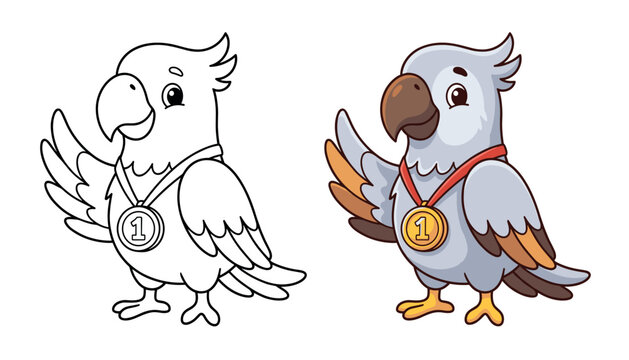 Cute cartoon parrot coloring page featuring colored and outline vector illustrations of a bird wearing gold medal.