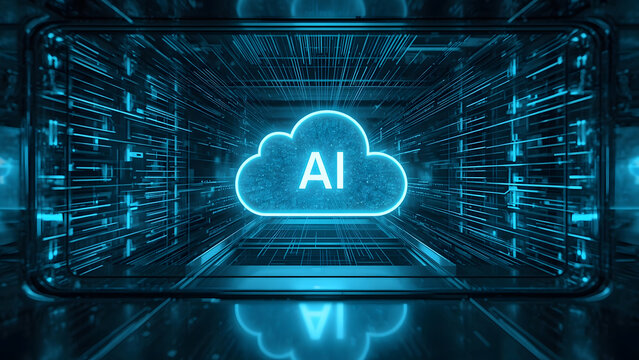 Cloud and edge computing technology data transfer concept. A large cloud icon is in the center, Ai Brain Cloud Big data, network, Science and futuristic ai cloud background concept.