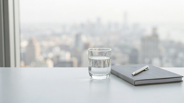 Clear glass of water placed next to a closed notebook and silver pen on a desk overlooking a blurry city skyline with office desk business workspace drinking water work life