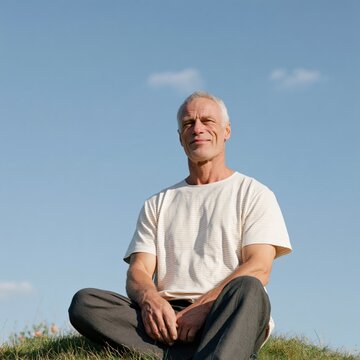 Mature man meditative portrait seated on grass under clear sky for wellness background and outdoor lifestyle banner design