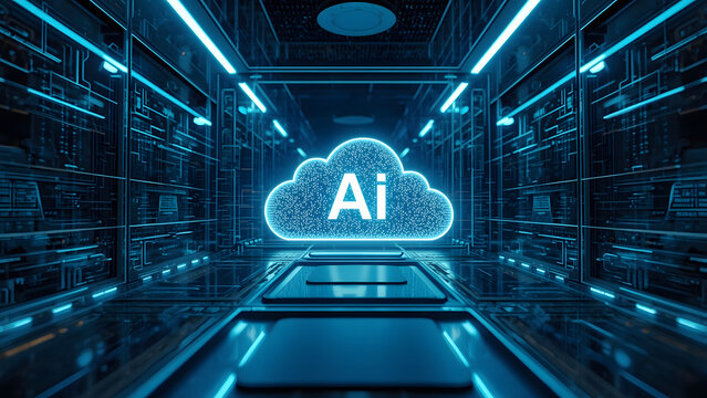 Cloud and edge computing technology data transfer concept. A large cloud icon is in the center, Ai Brain Cloud Big data, network, Science and futuristic ai cloud background concept.