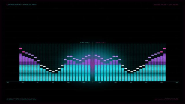Dynamic digital audio equalizer with pulsating blue and purple bars reacting to sound frequencies on a futuristic dark grid background, creating a vibrant modern music visualization or abstract spe...