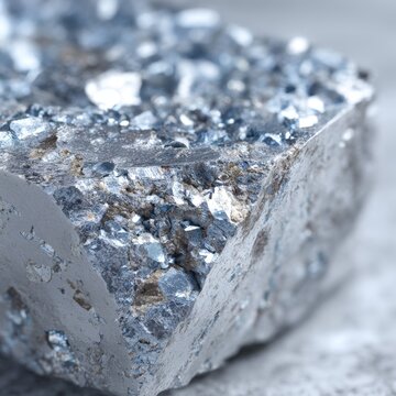 Macro view of raw zinc ore mineral rock with crystalline metallic surface texture