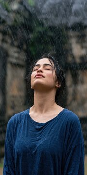 Person standing in heavy rain with uplifted face in wet blue shirt for emotional portrait and wellbeing background