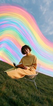 Seated portrait of a reader on a grassy slope with flowing pastel rainbow waves for whimsical wallpaper and surreal poster design