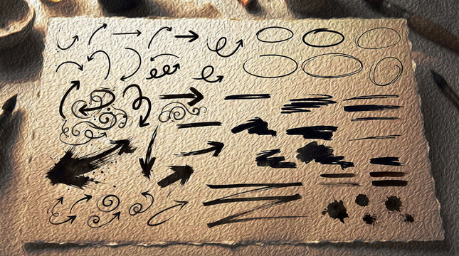 Hand drawn ink arrows and abstract brush strokes on textured handmade paper with artistic style