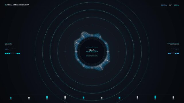Futuristic AI acoustic sensor smart control interface displaying real-time sound data visualization, with a central pulsating equalizer and fluctuating numerical values on a dark blue digital scree...