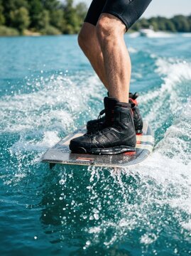 Close up of a person wakeboarding on a sunny day.