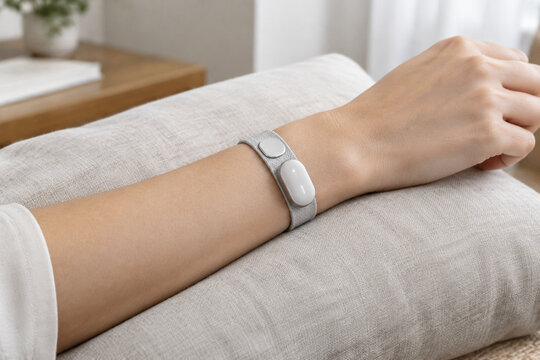 Adult forearm with fabric wristband and silver skin sensor on linen cushion, wearable biofeedback device, health monitoring concept