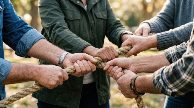 Diverse group of people pulling a rope together in a team building activity outdoors.