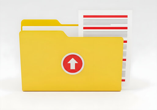 Yellow folder icon with upload arrow isolated on white background