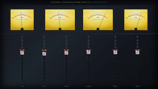 Dynamic animation of a vintage Telefunken Studer Master Analog Console from 1978, featuring four active, fluctuating golden VU meters and smoothly moving faders, visualizing audio levels in a profe...