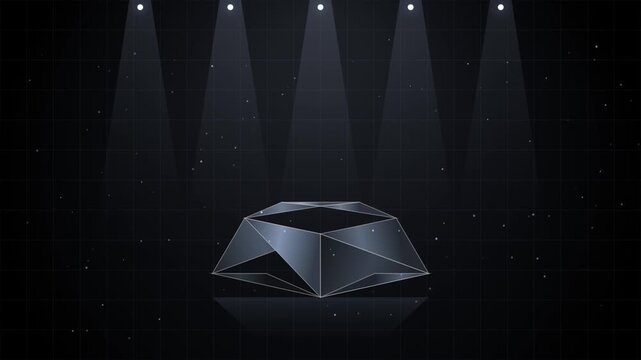 Geometric polyhedron unfolds to reveal a hollow interior on a dark background