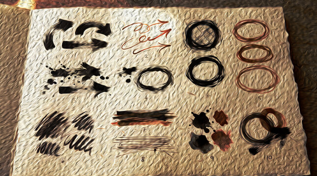 Collection of hand drawn ink brush strokes arrows and circles on textured handmade paper background