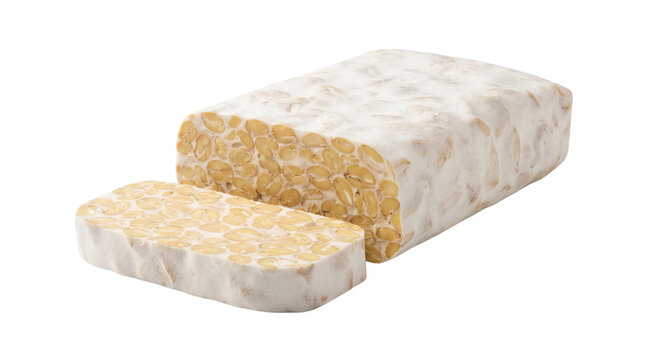 Fresh tempeh block with one cut slice isolated