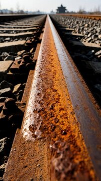 Close-up view of rusty train rails stretching into the distance. Old metal tracks with bolts and gravel ballast. Sunlit path invites journey, suggesting abandonment or industrial past.