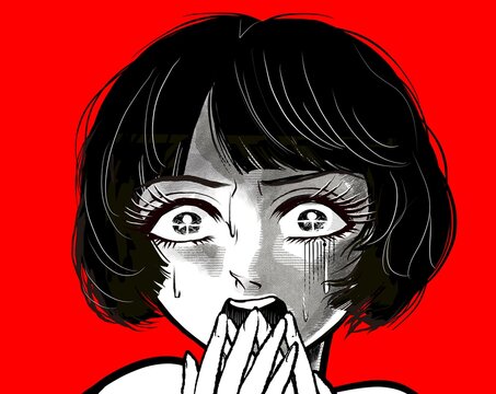 戦慄し絶叫する昭和レトロなホラー漫画風の黒髪白目の女性主人公	