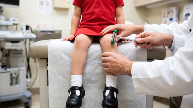 Doctor examining childs knee reflex with reflex hammer in clinic examination room.
