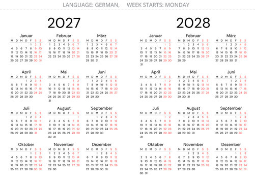 2027 and 2028 german calendars. Printable vector illustration sets for Germany - kalender