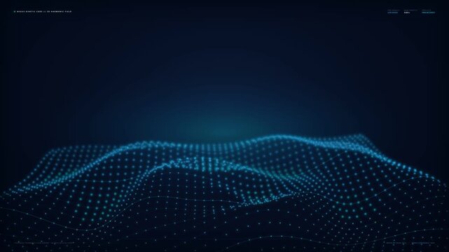 Dynamic blue digital wave pattern with glowing dots forming an undulating grid in an abstract dark cyberspace environment. This futuristic technology background animation features a low-angle persp...